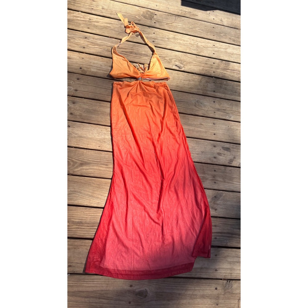 SHEIN Orange Red Ombre Mesh Halter Maxi Dress with O-Ring Detail Size M
